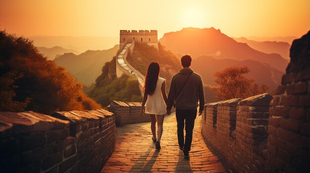 Un jeune couple se promène le long du mur chinois.