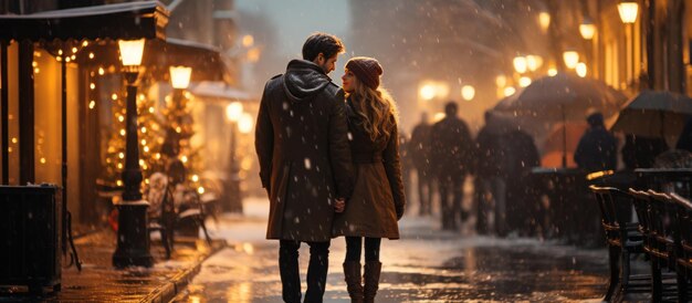 Un jeune couple se promène sous la pluie.