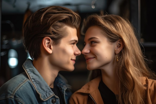 Un jeune couple se regarde avec amour