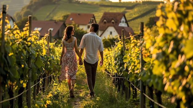 Un jeune couple se tenant par la main et marchant à travers une vigne luxuriante au coucher du soleil