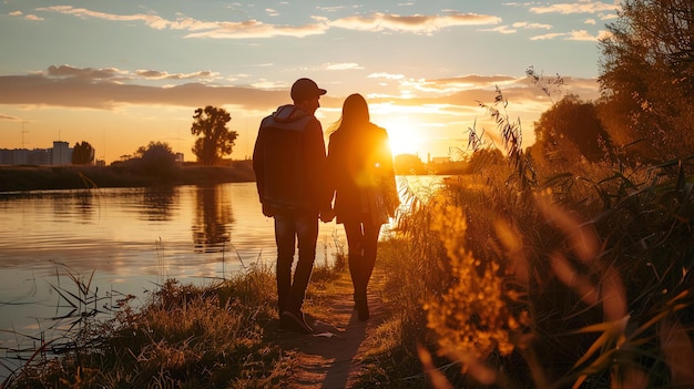 Photo un jeune couple se tenant par la main et s'éloignant de la caméra au coucher du soleil