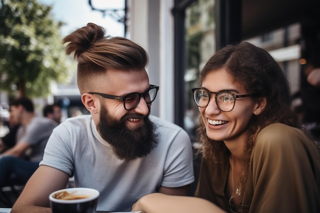 Jeune couple séduisant se reposer sur une terrasse extérieure dans un café générative ai