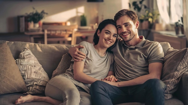Un jeune couple souriant assis sur le canapé à la maison en tenue décontractée