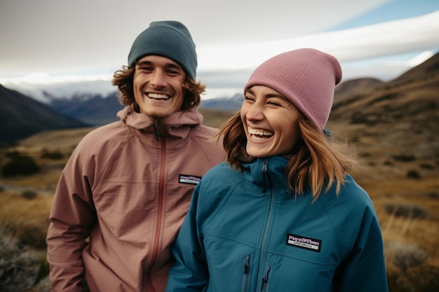 Un jeune couple souriant lors d'une randonnée en montagne portant un équipement de randonnée