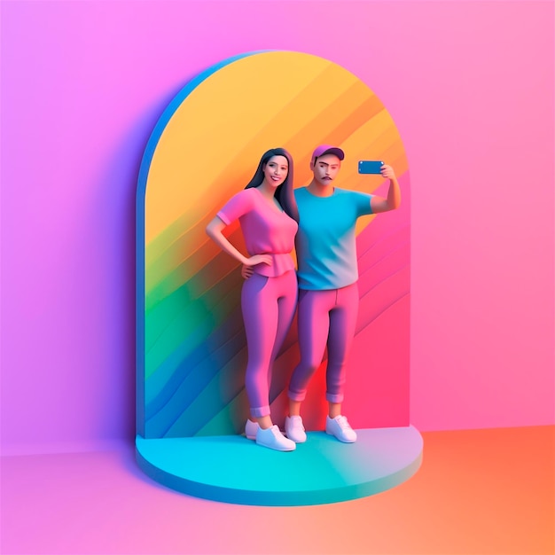 Jeune couple souriant romantique faisant selfie sur fond coloré stylisé généré par l'IA