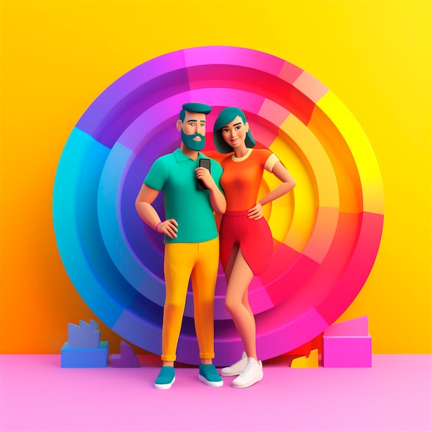 Jeune couple souriant romantique faisant selfie sur fond coloré stylisé généré par l'IA
