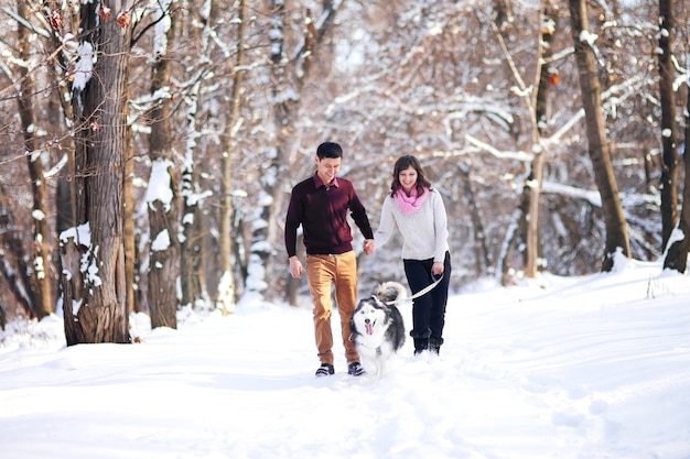 Jeune couple souriant et s'amusant dans le parc d'hiver avec leur chien husky.