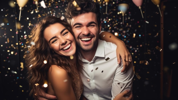 Photo un jeune couple sourit ensemble à la fête à l'intérieur.