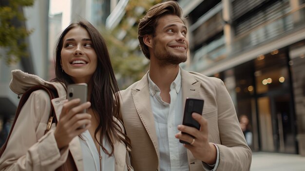 Un jeune couple de style urbain explorant la ville ensemble Mode décontractée Mode de vie moderne Souriant et utilisant des smartphones AI