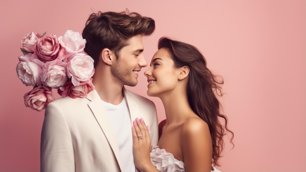 Un jeune couple tombant amoureux d'une femme tenant un bouquet de fleurs isolé sur un pré-mariage rose