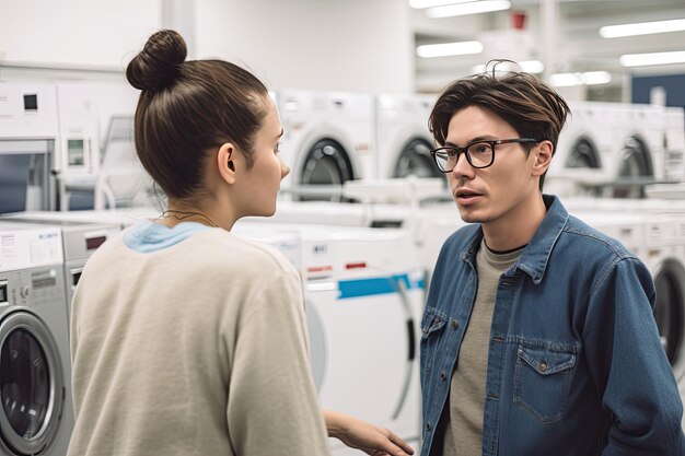 Un jeune couple en train de discuter dans une blanchisserie automatique