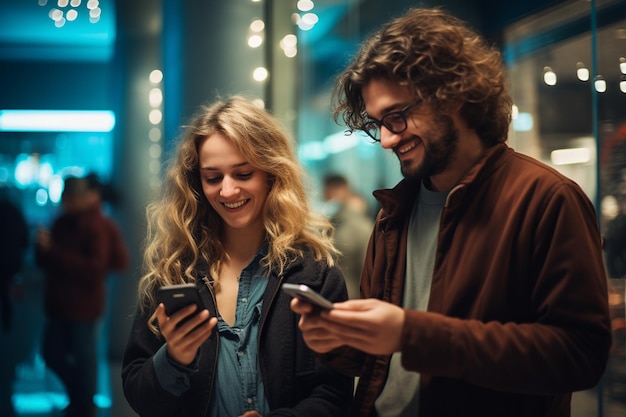 Jeune couple utilisant des téléphones portables Portrait AI générative