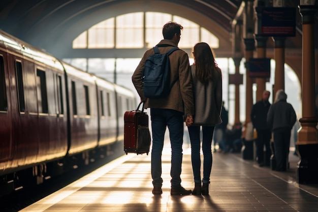 Un jeune couple en vacances à la gare Transport ferroviaire Générer Ai