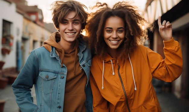 Photo un jeune couple en veste orange sourit et pose pour une photo.