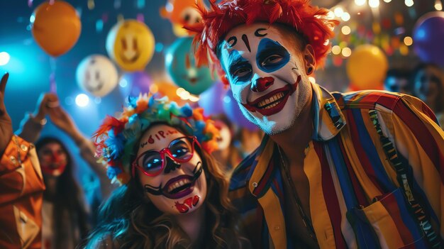 Un jeune couple vêtu de costumes de clown colorés pose pour une photo à une fête