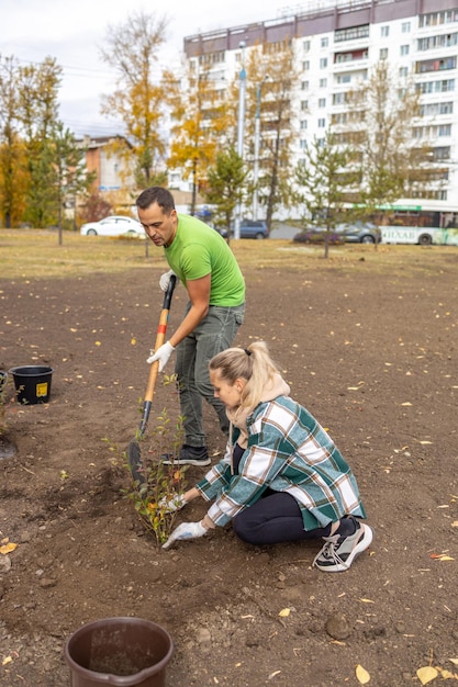 Jeune couple de volontaires plantant un nouvel arbre dans le parc