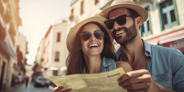 Photo un jeune couple voyageant avec une carte à la main.