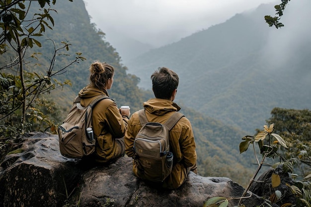 Un jeune couple de voyageurs buvant du café lors d'un voyage de camping dans les montagnes