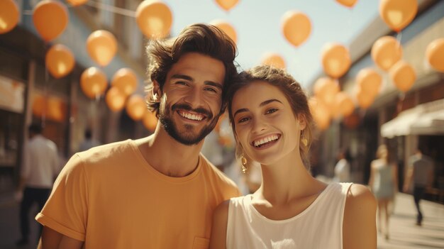 Un jeune couple de voyageurs souriants à la mode avec un t-shirt de couleur solide au fond du quartier commerçant de Plaza