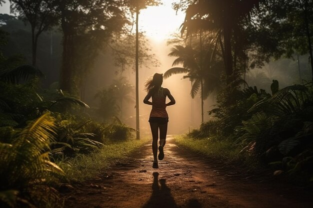 Jeune coureuse de trail sportive de fitness courant dans le parc forestier tropical le soir