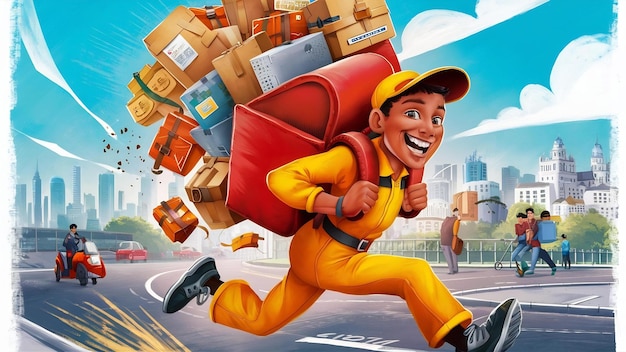 Photo jeune courrier avec un grand sac à dos rouge contenant des commandes de clients
