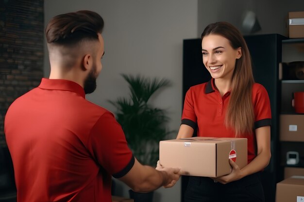 Un jeune courrier souriant en uniforme qui livre un colis.