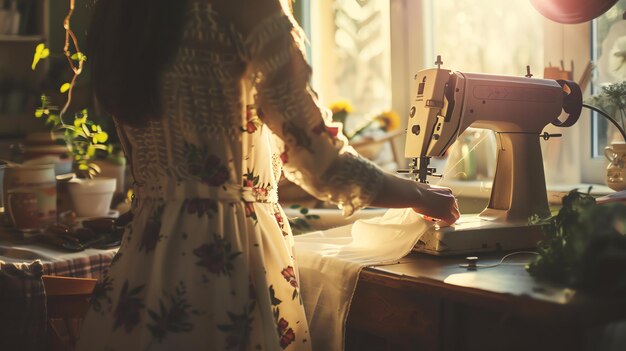 Photo une jeune couturière concentrée travaille sur sa dernière création dans une pièce ensoleillée.