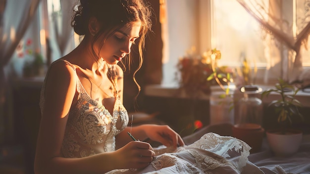 Une jeune couturière travaille sur une robe de mariée dans son atelier la lumière chaude du soleil brille à travers la fenêtre jetant une lueur sur son travail