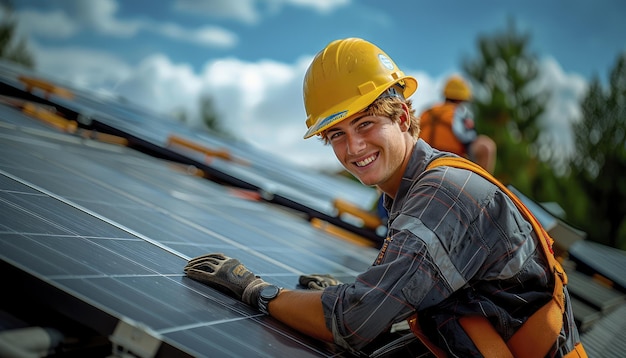 jeune couvreur solaire avec un sourire installant un panneau solaire sur un toit résidentiel