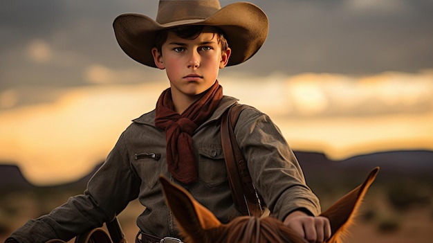 Un jeune cow-boy monte à cheval avec un chapeau de cow-boy.