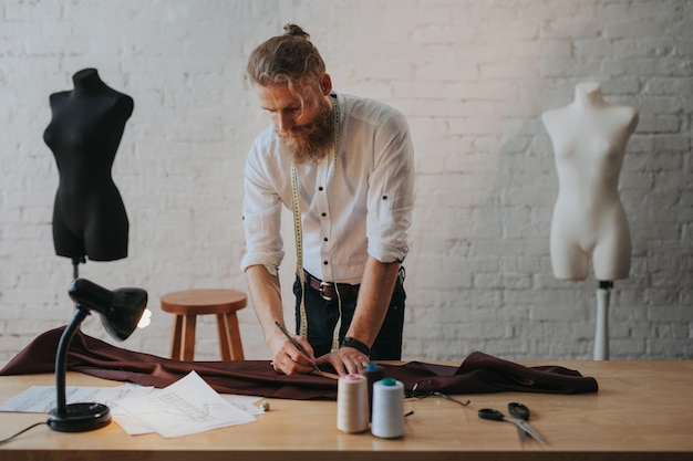 jeune créateur de vêtements moderne dans le processus de travail, un créateur de vêtements aux cheveux longs et à la barbe