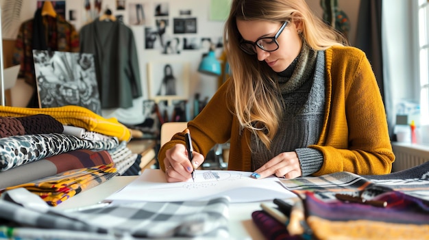 Une jeune créatrice de mode travaille dans son atelier entourée de tissus et de croquis.