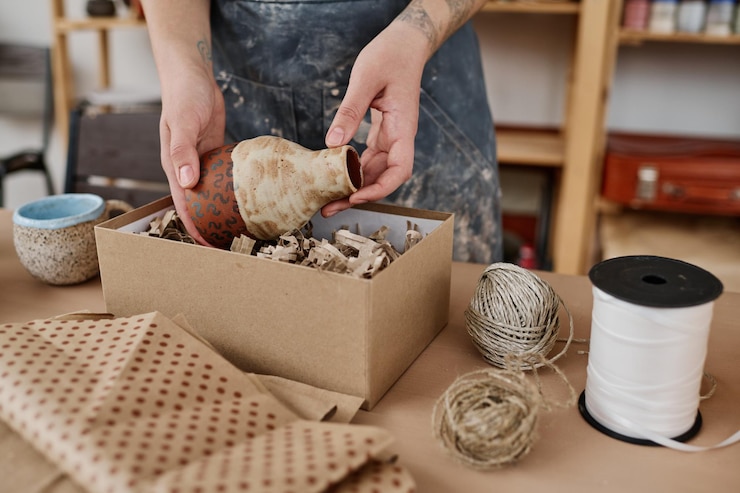 Photo jeune cruche ou propriétaire d'un petit magasin de poterie mettant une cruche d'argile dans une boîte