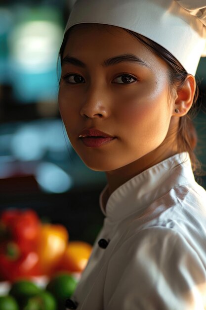 Photo une jeune cuisinière attrayante qui dégage une expertise culinaire et une passion