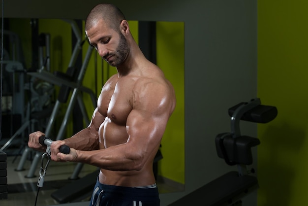 Jeune culturiste faisant des exercices de poids lourds pour les biceps