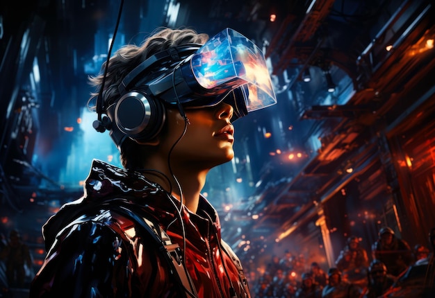 Jeune cyber homme avec des lunettes brillantes Portrait futuriste dans des lunettes de réalité virtuelle