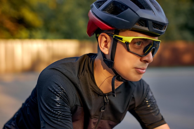 Jeune cycliste caucasien en casque noir, lunettes de protection et vêtements actifs faisant du vélo de manière dynamique. Homme se préparant pour des compétitions et des courses à l'air frais. à l'extérieur dans la nature, sur la route