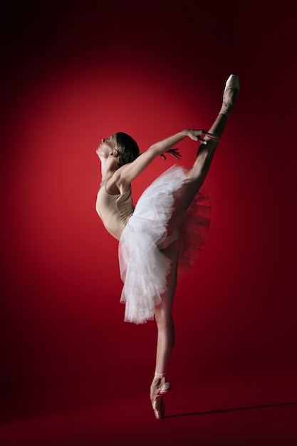 Jeune danseuse de ballet gracieuse ou ballerine classique dansant au studio rouge. Modèle caucasien sur pointes