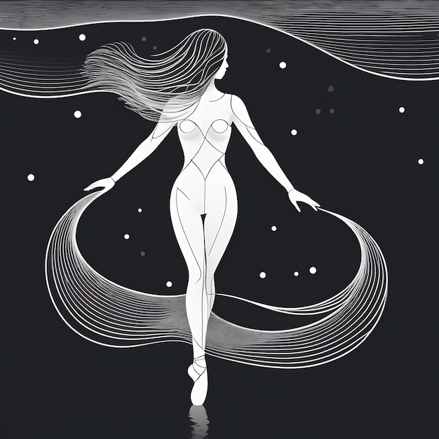 Jeune danseuse dansant le long de la vague d'eau de mer forme de ligne vectorielle style ai génératif