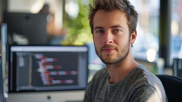 Photo un jeune développeur de logiciels assis à son bureau et regardant la caméra. il a une barbe et des cheveux bruns courts.