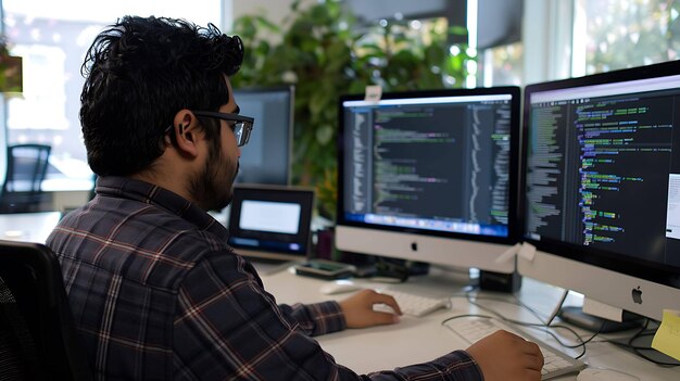 Jeune développeur de logiciels concentré travaillant sur le code dans un bureau lumineux