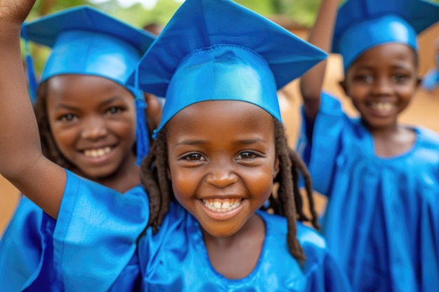 Jeune diplômé souriant avec les poings levés se sentant triomphant