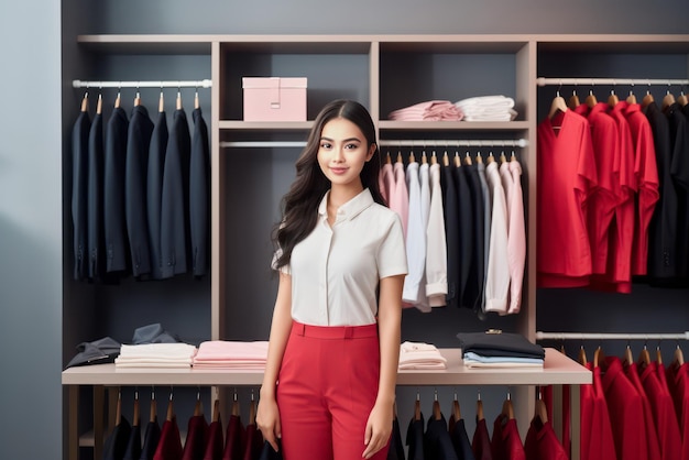 Une jeune directrice des ventes asiatique se tient à côté d'une boutique de mode dans un centre commercial