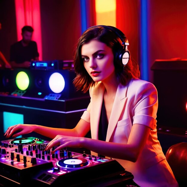 Jeune disc jockey dans la cabine de DJ du club arrangant des rythmes et de la musique