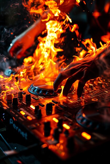 Photo jeune dj avec des écouteurs faisant une session de musique