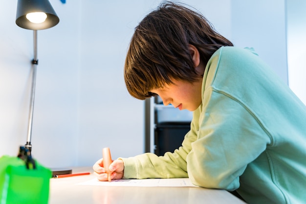 Jeune écolier faisant ses devoirs assis à la table à la maison. Exercices d'écriture concentrés pour enfants. Concept Homeschooliong.