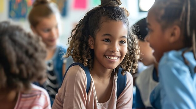 Une jeune écolière sourit timidement en détournant le regard de la caméra. Elle a les cheveux bruns bouclés.