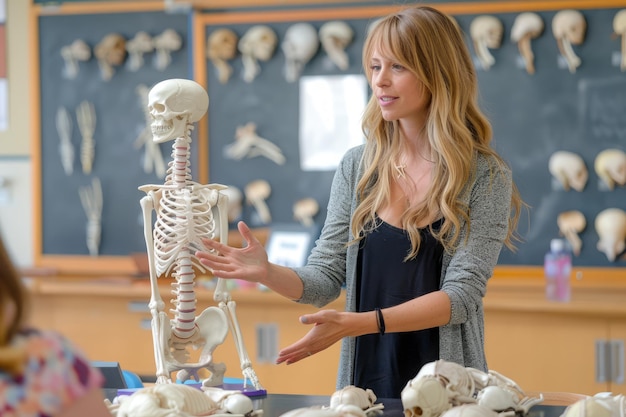 Photo une jeune éducatrice enseigne l'anatomie dans une salle de classe avec un modèle de squelette et des crânes