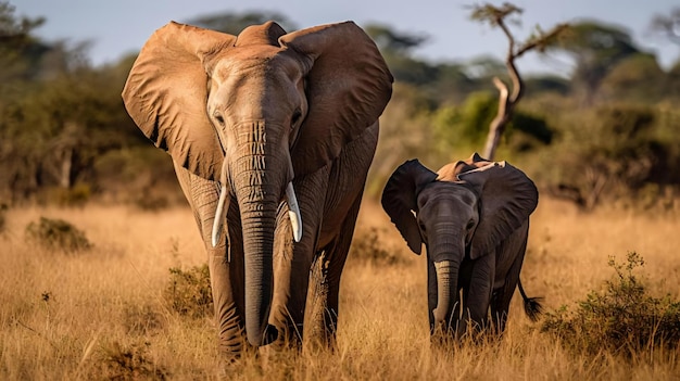 Un jeune éléphant juste à côté d'un adulte