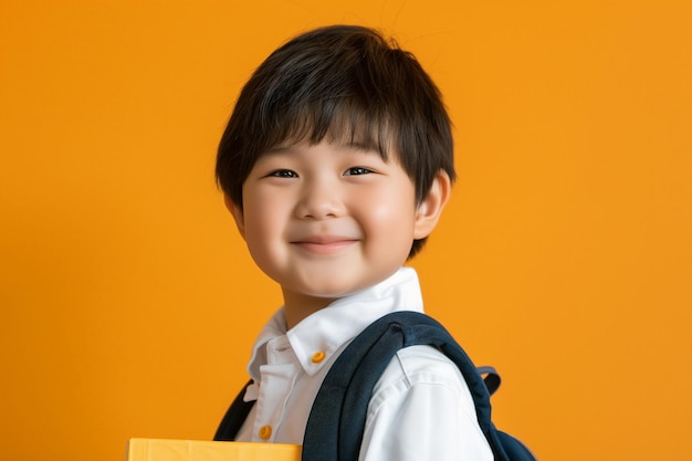 Un jeune élève asiatique sourit en tenant des livres et un sac sur un fond orange.